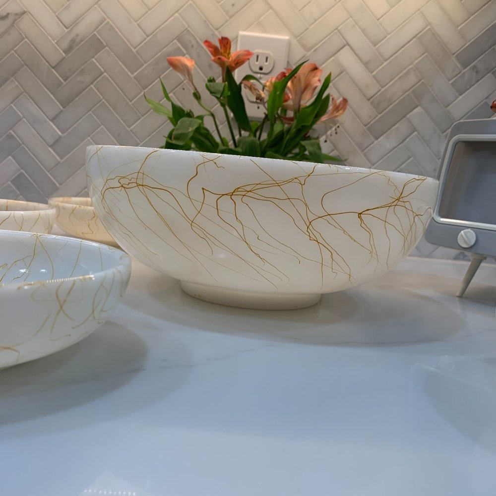 Fantastic Vintage Hazel Atlas Milk Glass Butterscotch Drizzle Serving Bowl Set - Picture 14 of 15